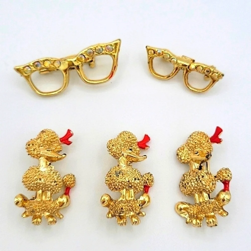 1950'S Brooches 3 Poodles 2 Cat Eye Glasses Aurora Borealis Gold Tone Vintage